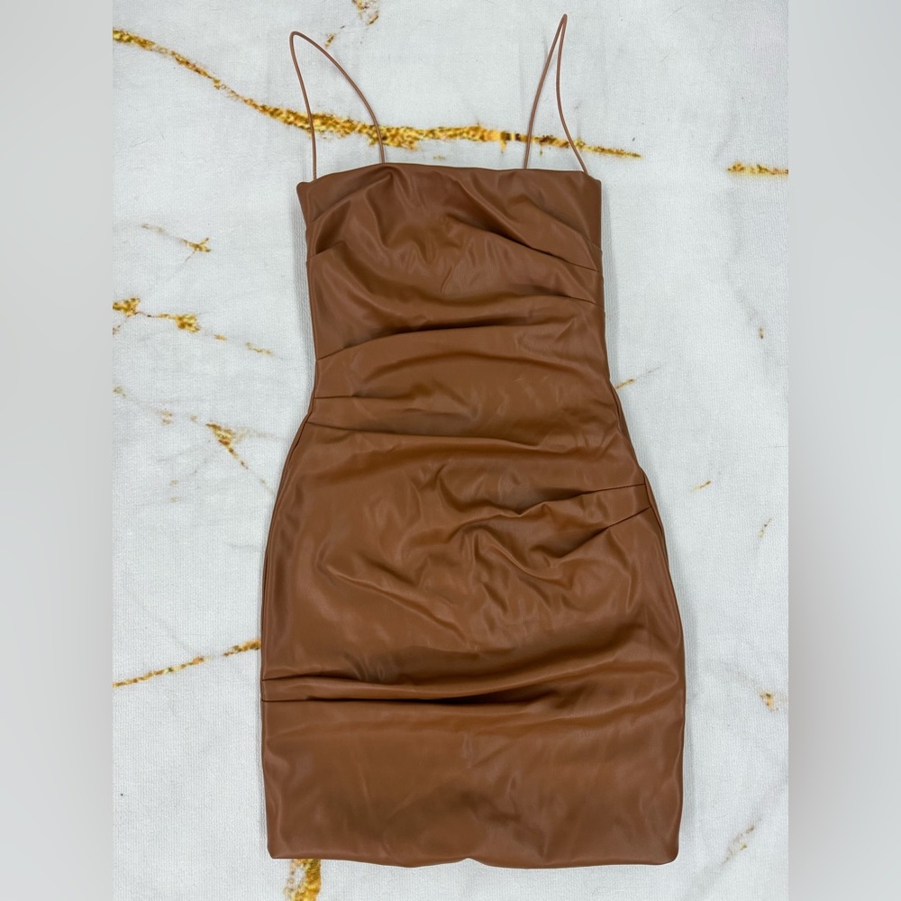 Nookie Rhea Faux Leather Mini Dress in Brown.